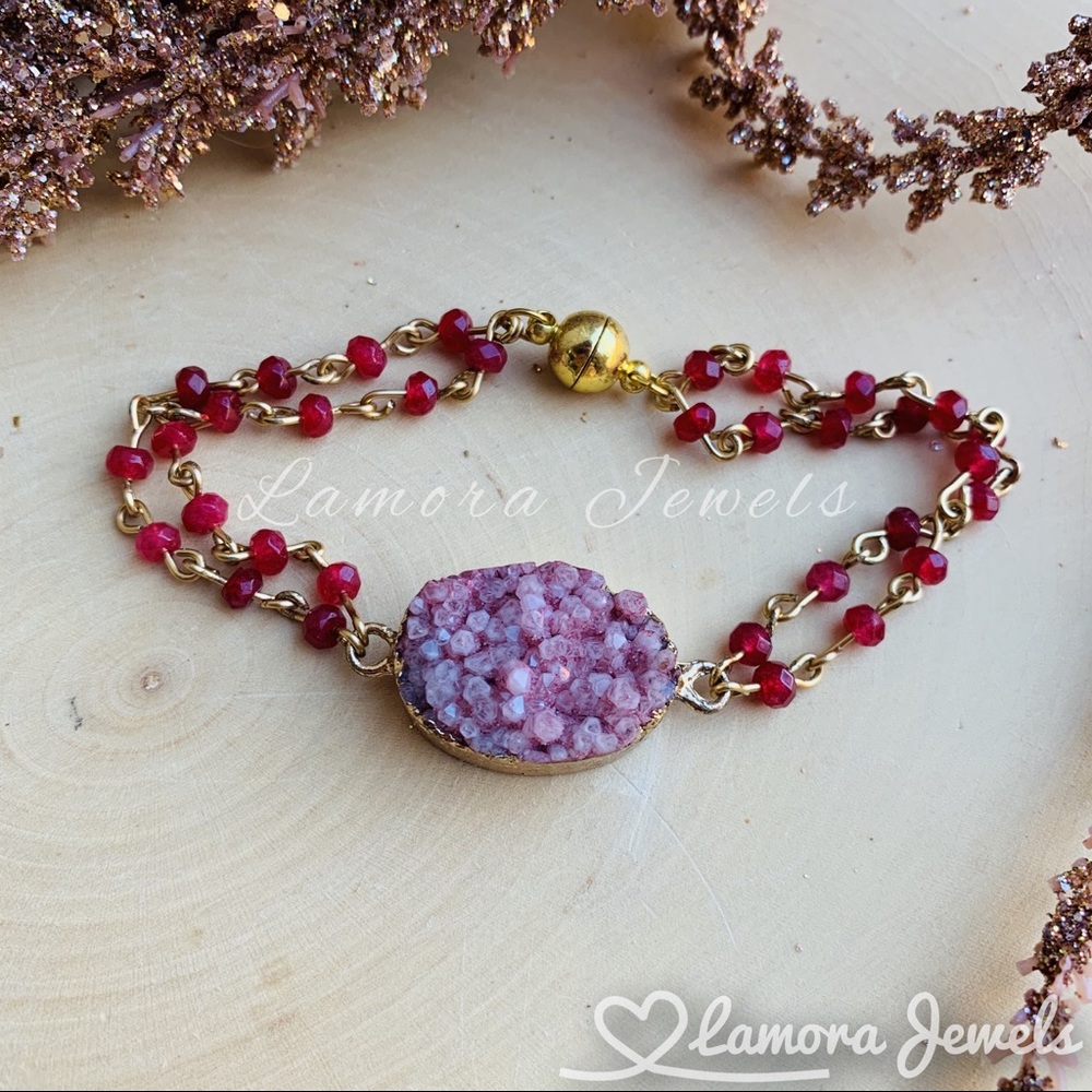 Pink Druzy Natural Red Jade Gold Bracelet